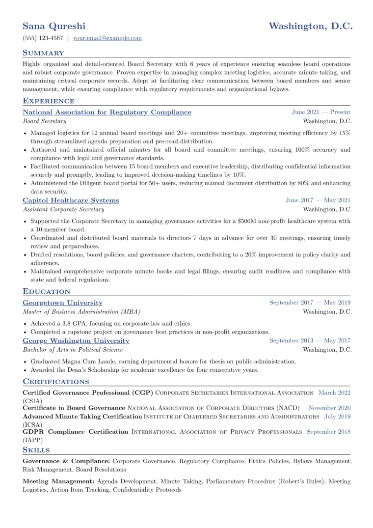 Board Secretary Resume Example CV template preview
