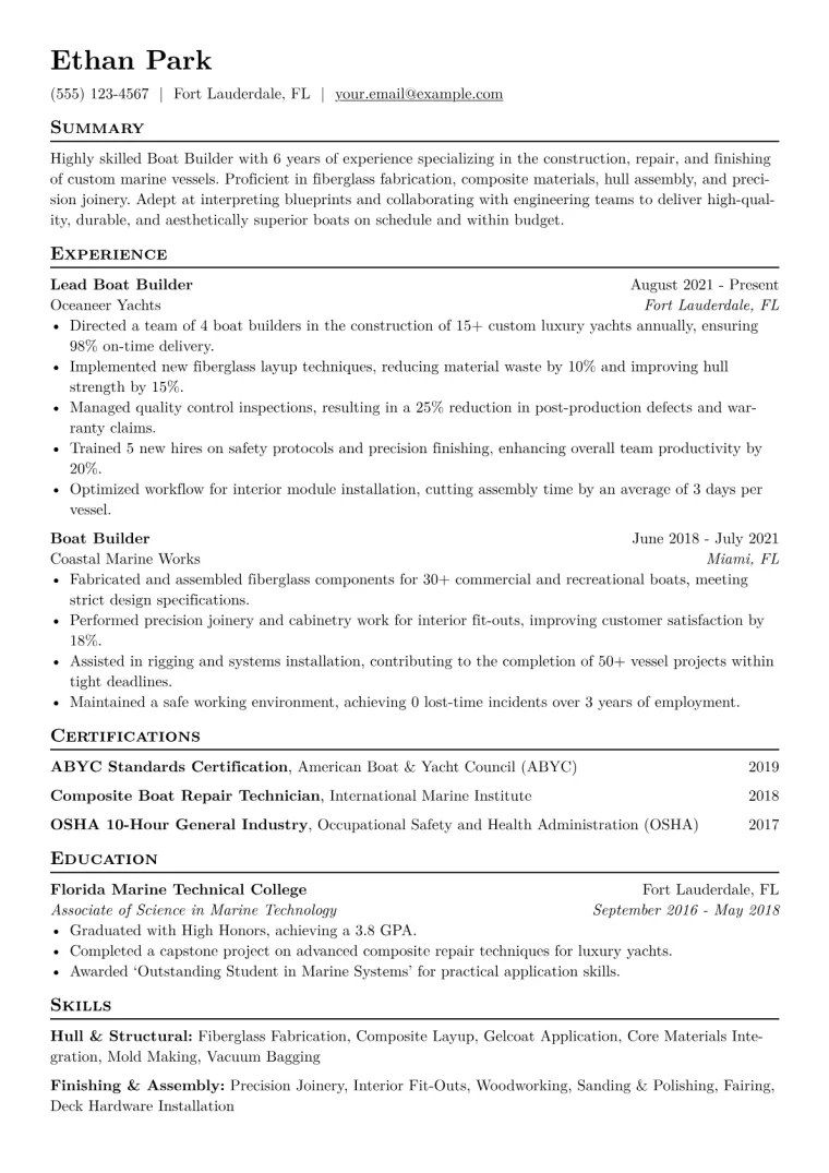 Boat Builder Resume Example CV template preview