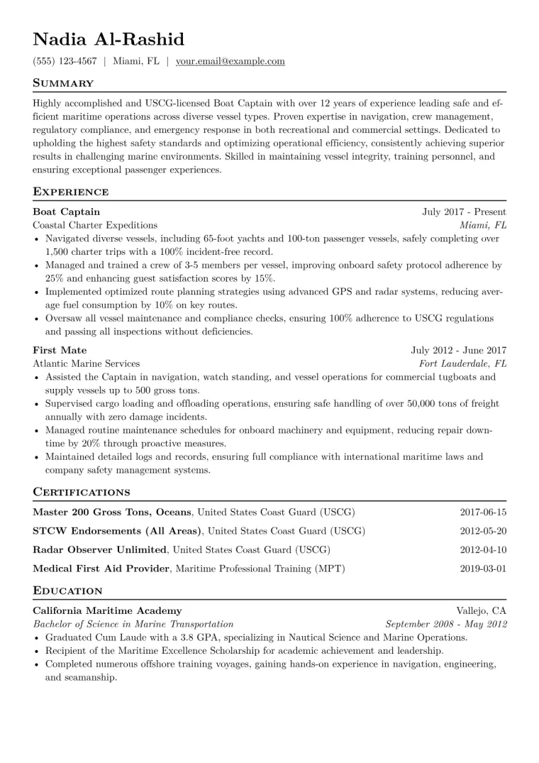 Boat Captain Resume Example CV template preview