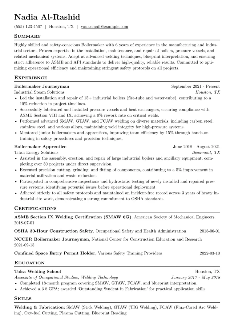 Boilermaker Resume Example