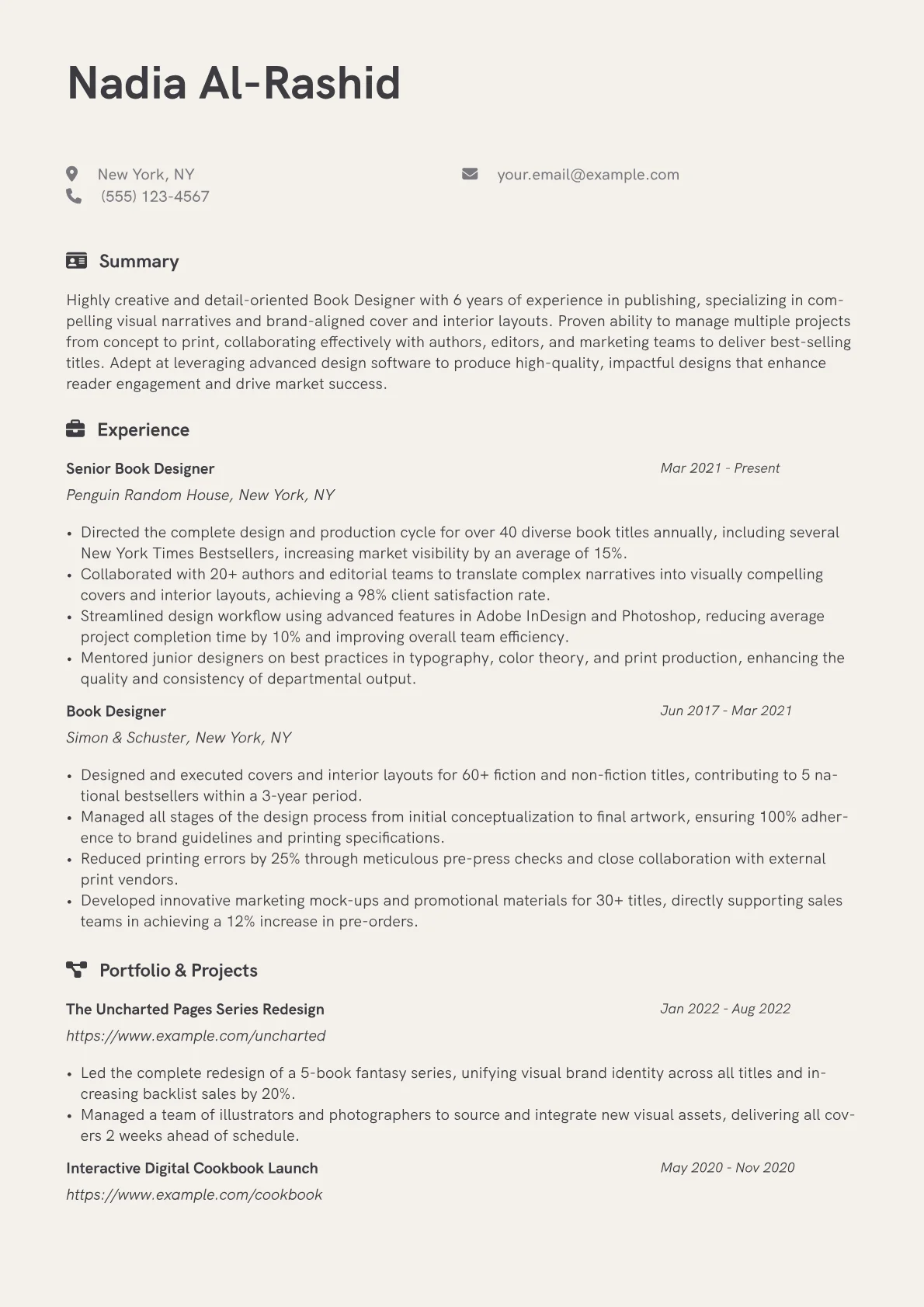 Book Designer Resume Example CV template - Page 1