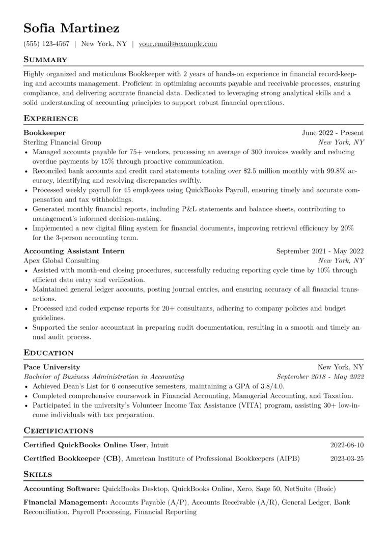 Bookkeeper Resume Example CV template preview