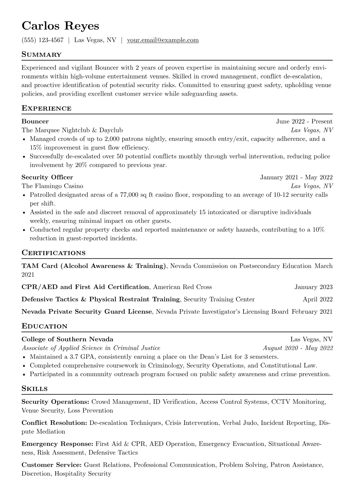 Bouncer Resume Example CV template - Page 1