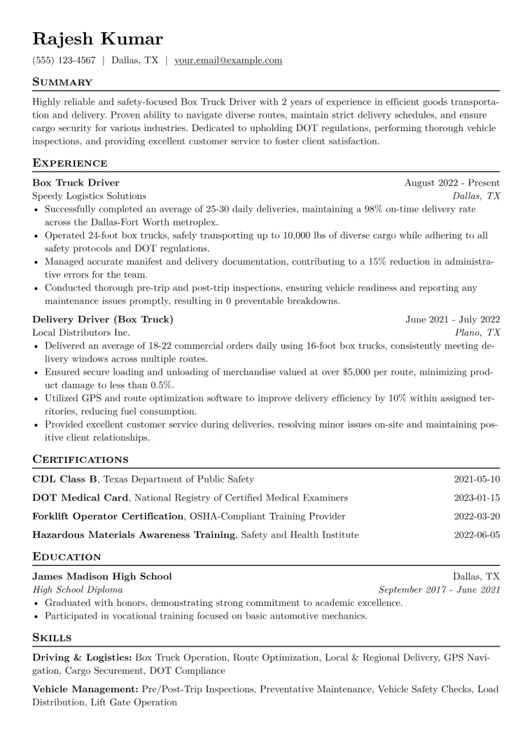 Box Truck Driver Resume Example CV template preview