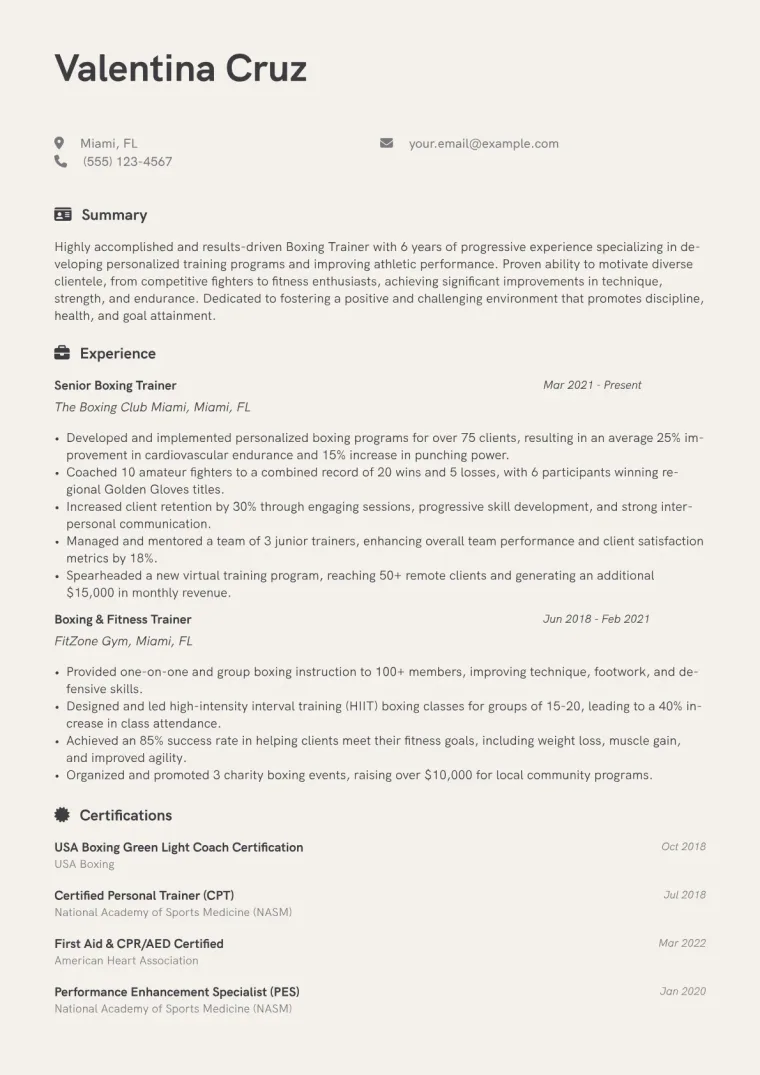 Boxing Trainer Resume Example CV template preview