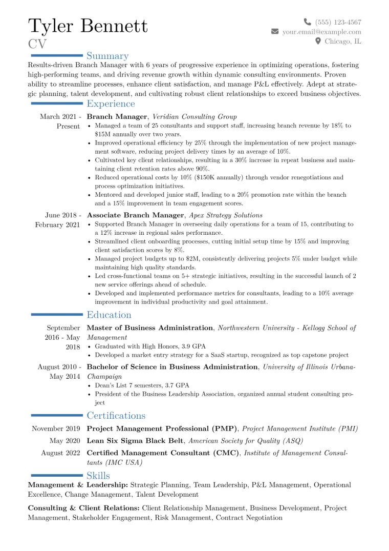 Branch Manager Resume Example