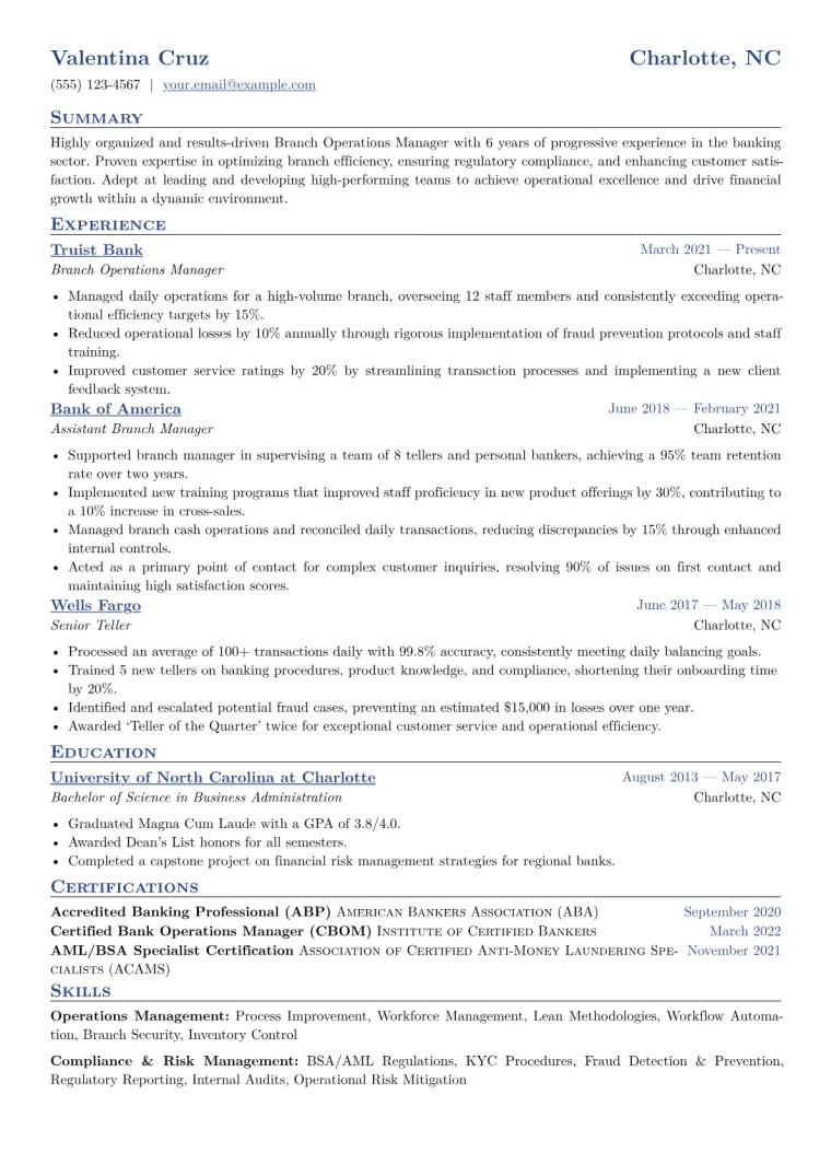 Branch Operations Manager Resume Example CV template preview