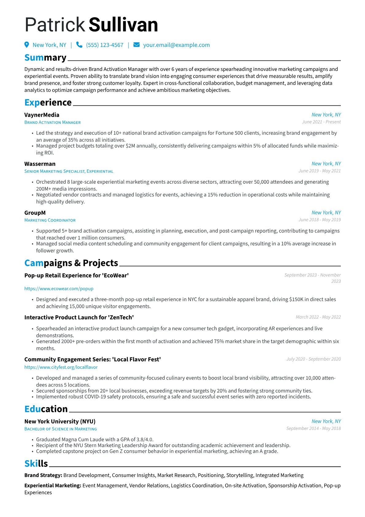 Brand Activation Manager Resume Example CV template - Page 1