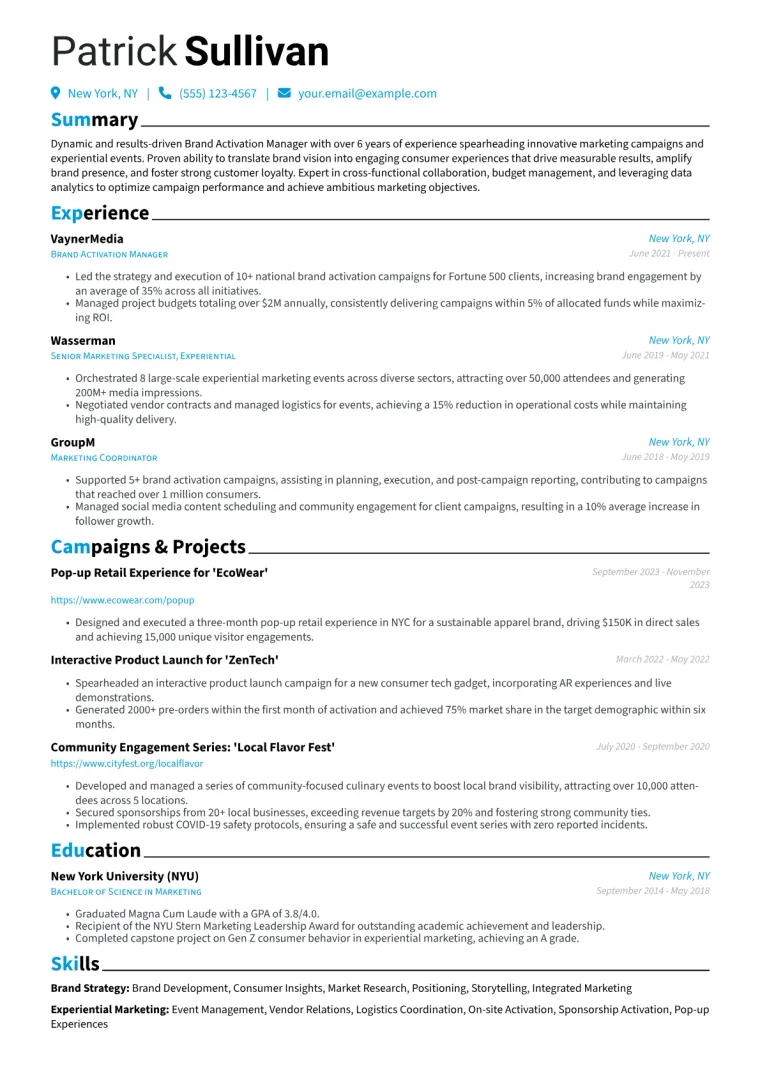 Brand Activation Manager Resume Example CV template preview