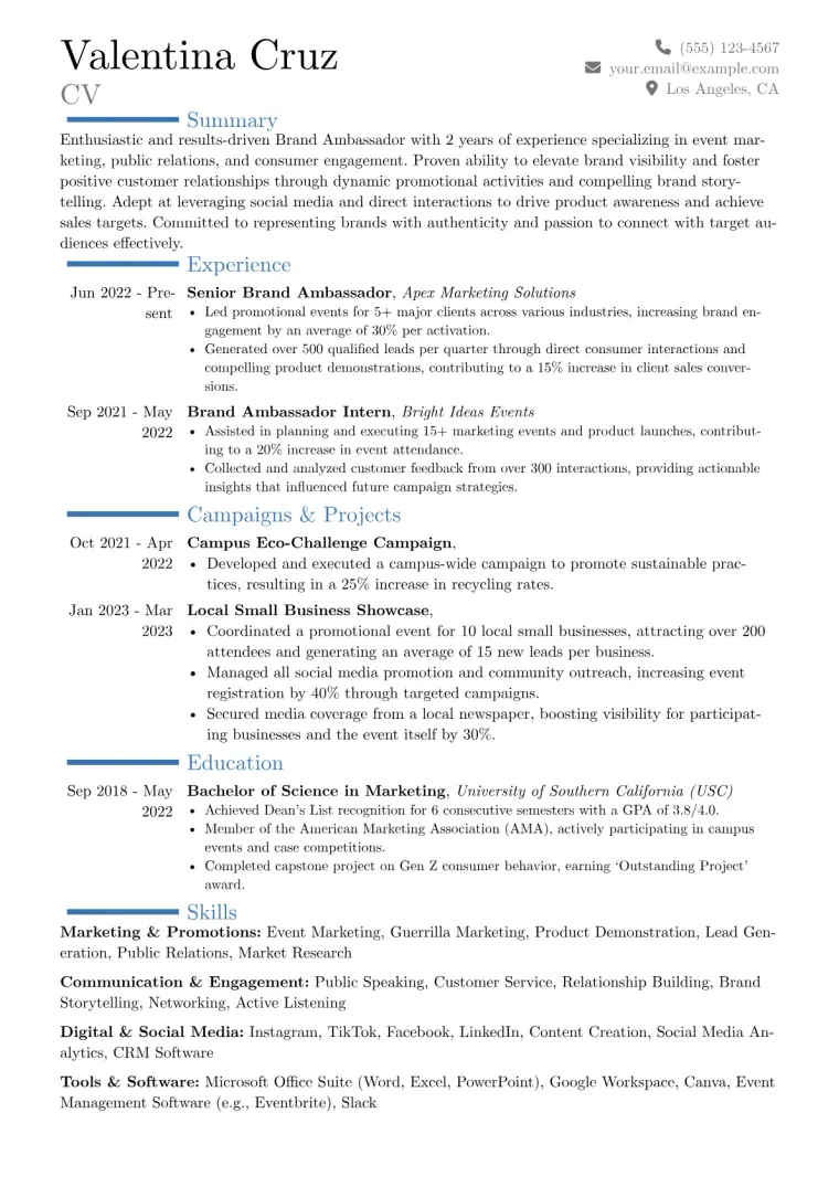 Brand Ambassador Resume Example CV template preview