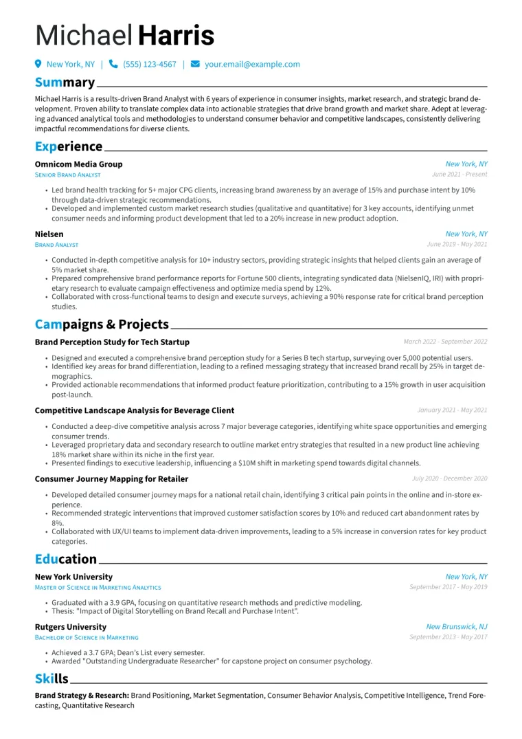 Brand Analyst Resume Example CV template preview
