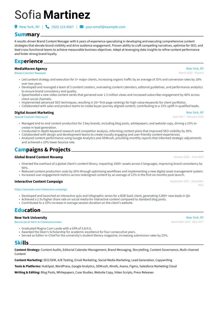 Brand Content Manager Resume Example CV template preview