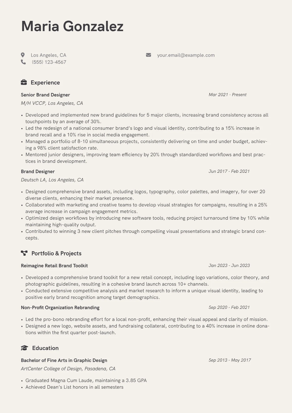 Brand Designer Resume Example CV template - Page 1