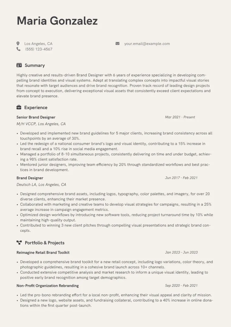 Brand Designer Resume Example CV template preview