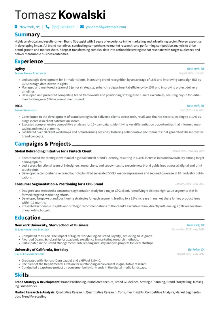 Brand Strategist Resume Example CV template preview