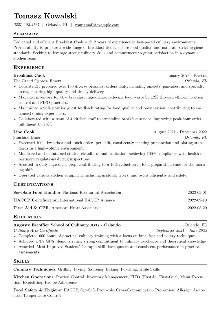Breakfast Cook Resume Example CV template preview