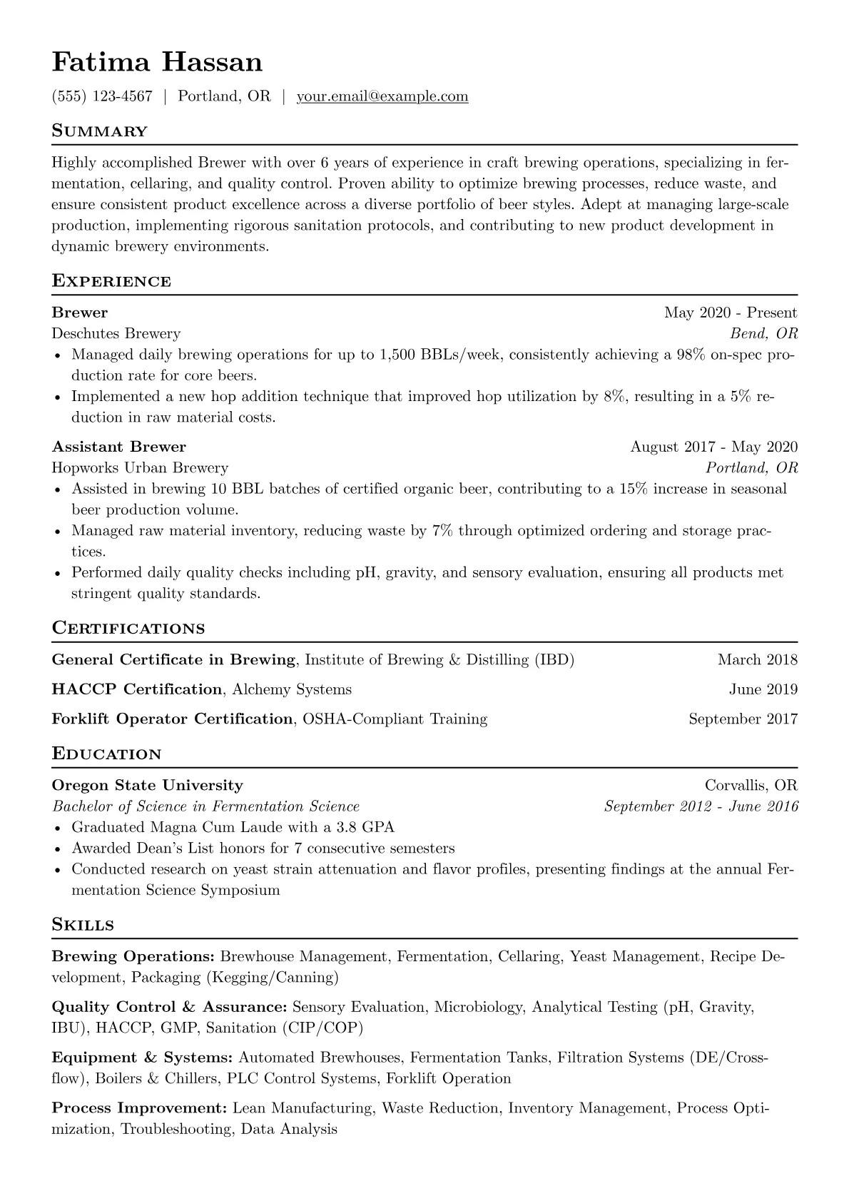 Brewer Resume Example CV template - Page 1