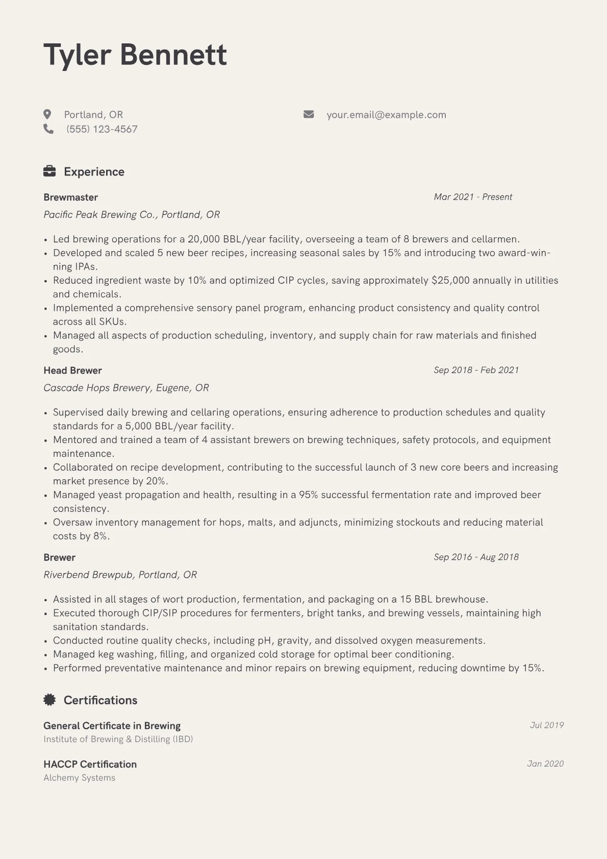 Brewmaster Resume Example CV template - Page 1