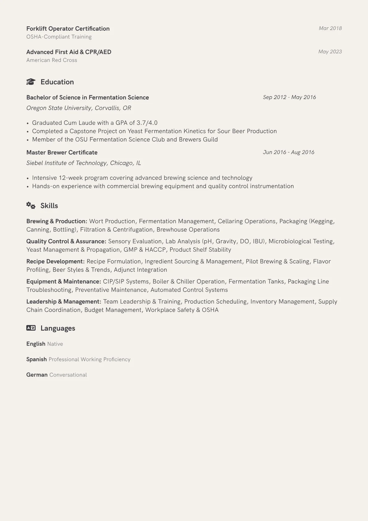 Brewmaster Resume Example CV template - Page 2