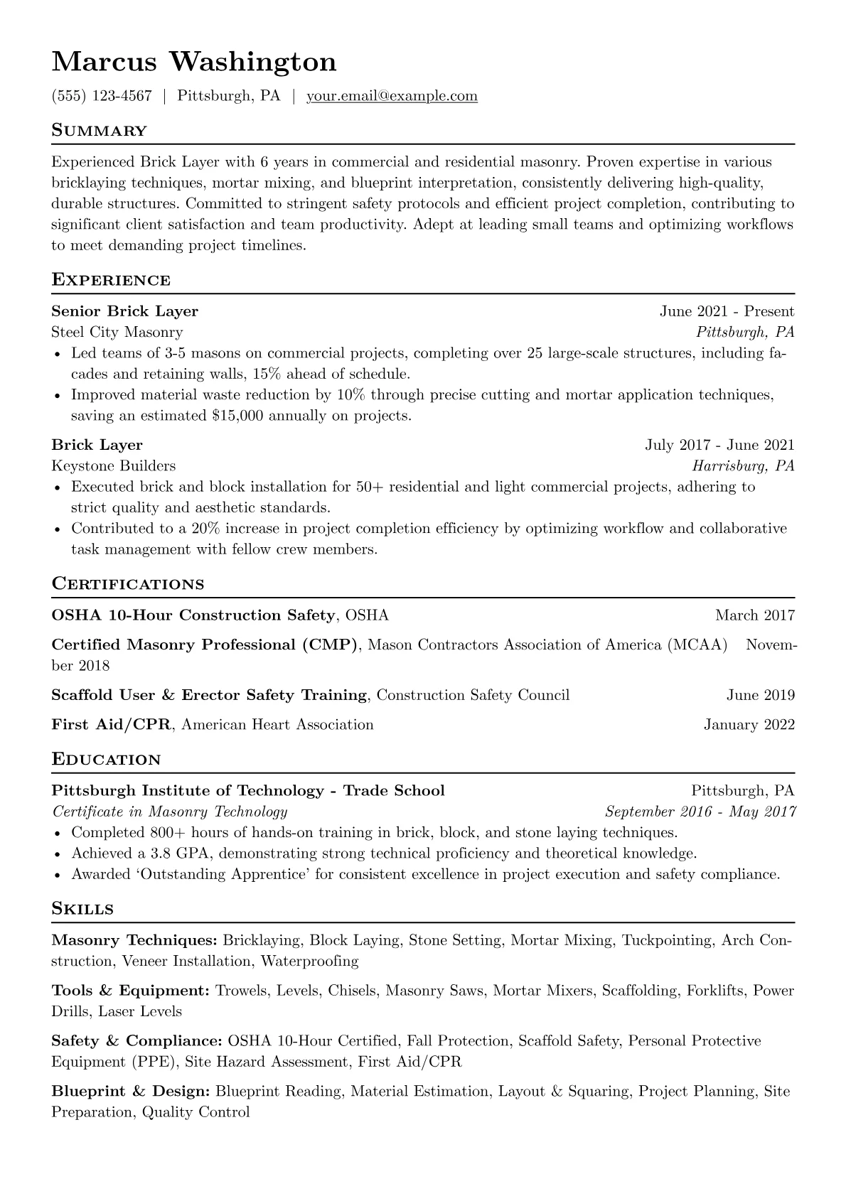 Brick Layer Resume Example CV template - Page 1