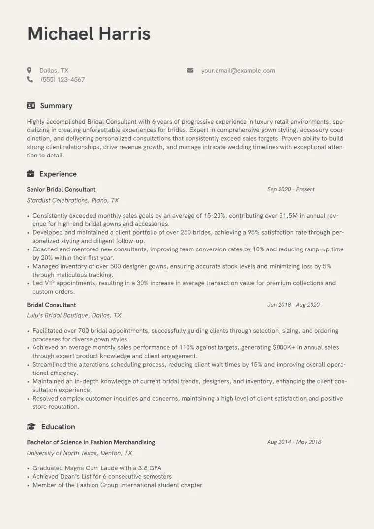 Bridal Consultant Resume Example CV template preview