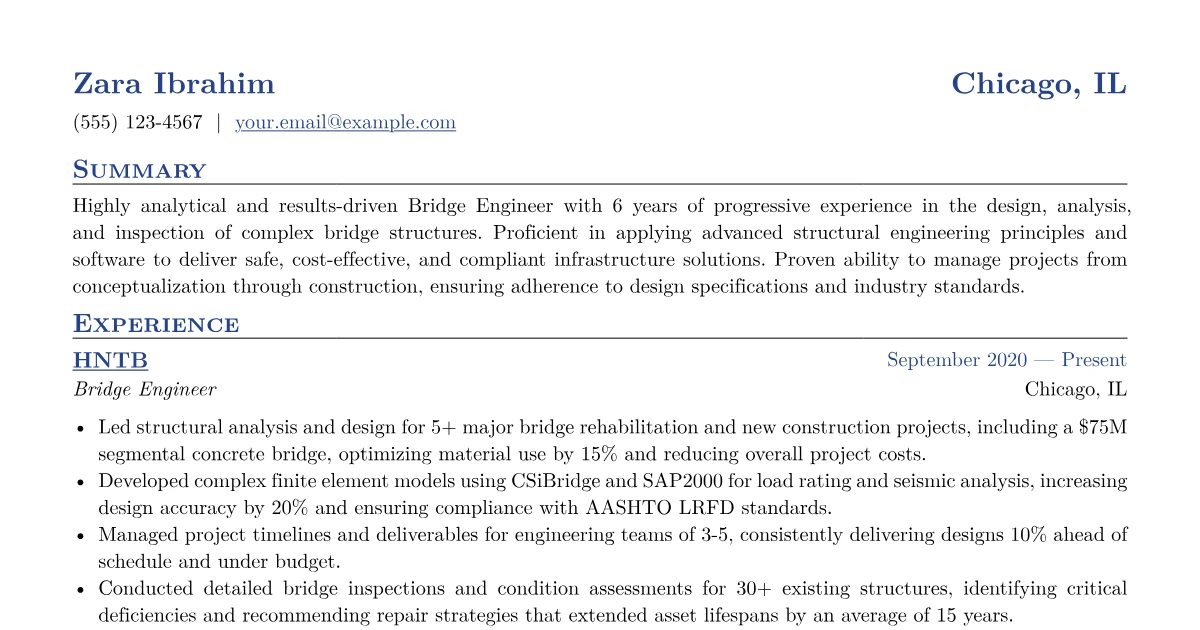Bridge Engineer Resume Example | JobSprout