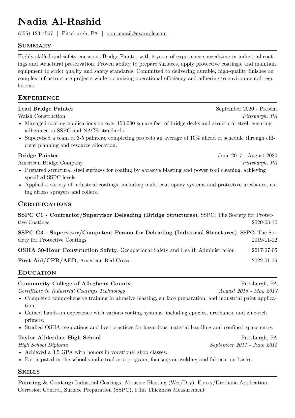 Bridge Painter Resume Example CV template - Page 1