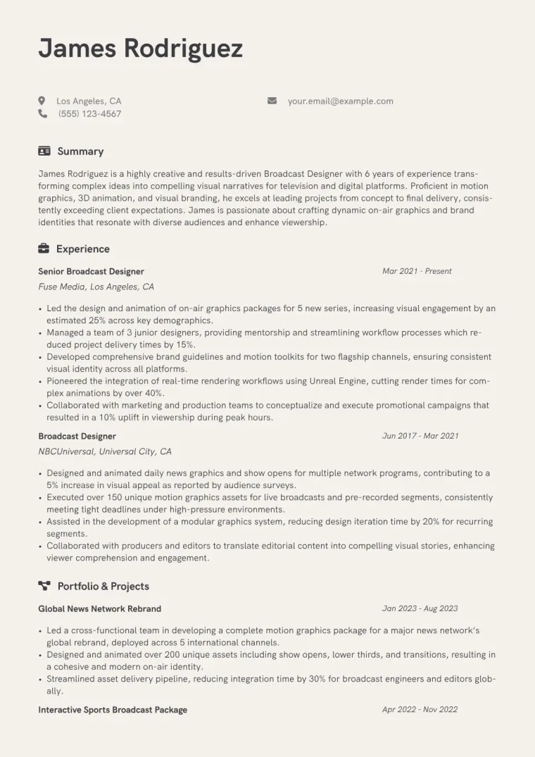 Broadcast Designer Resume Example CV template preview