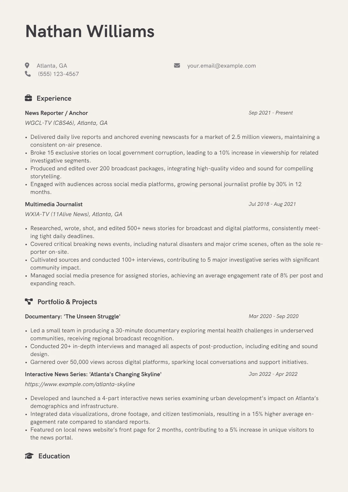 Broadcast Journalist Resume Example CV template - Page 1