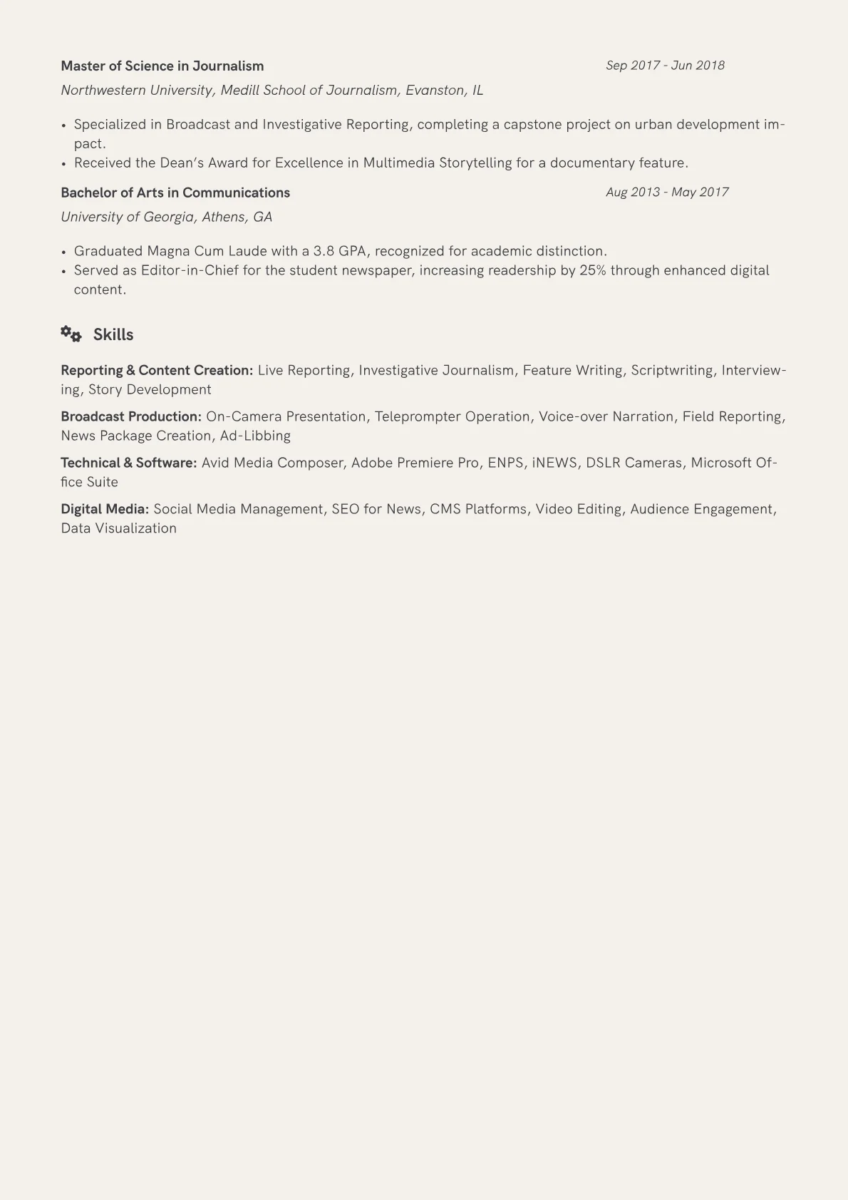 Broadcast Journalist Resume Example CV template - Page 2