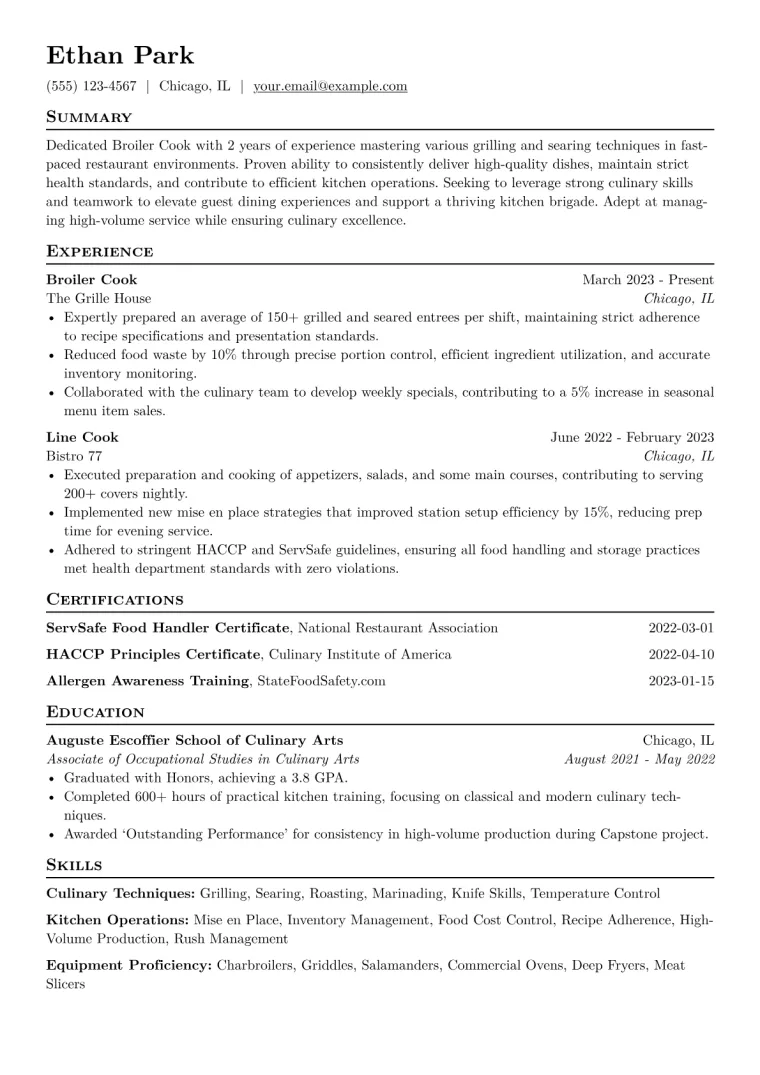 Broiler Cook Resume Example CV template preview