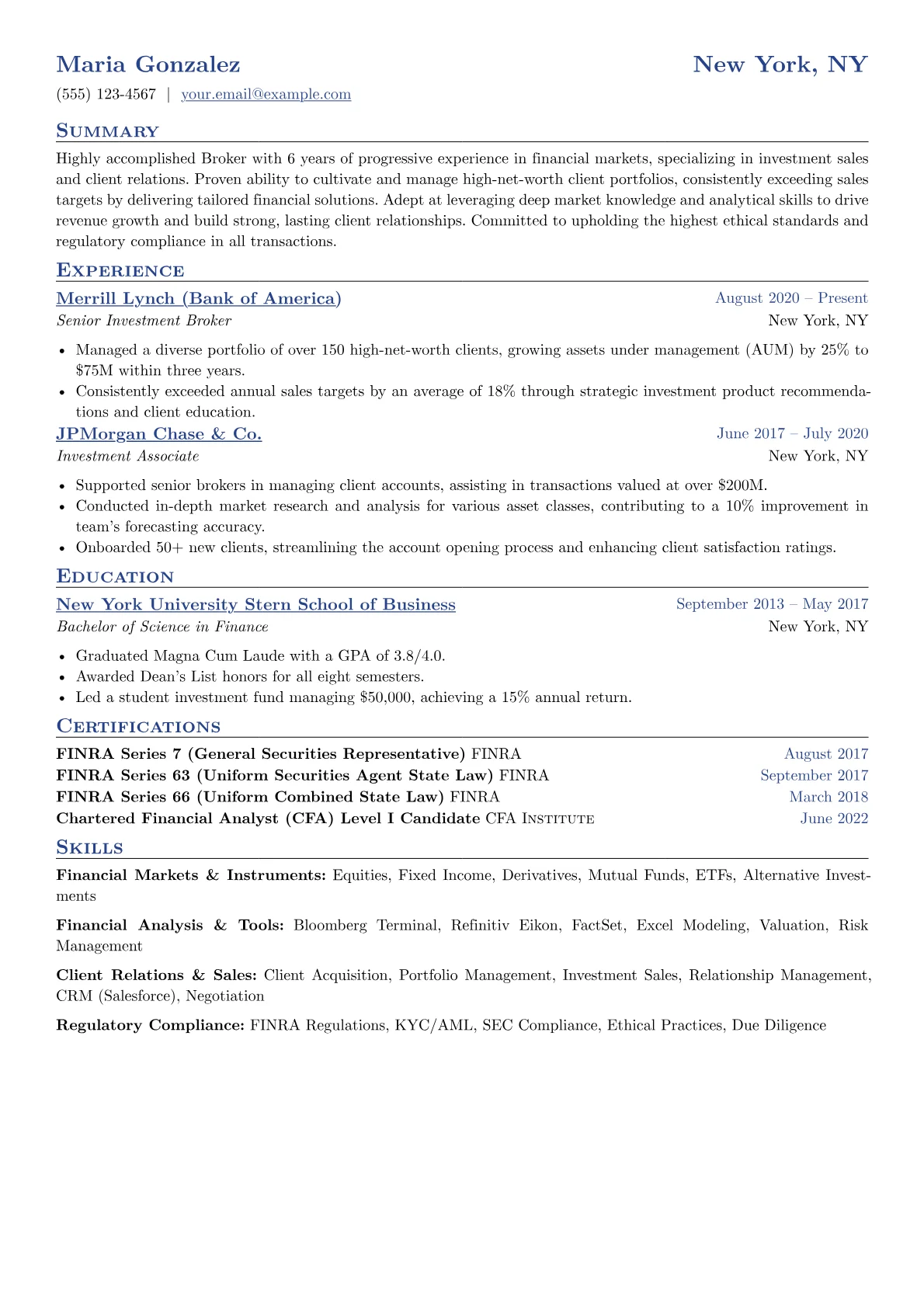 Broker Resume Example CV template - Page 1