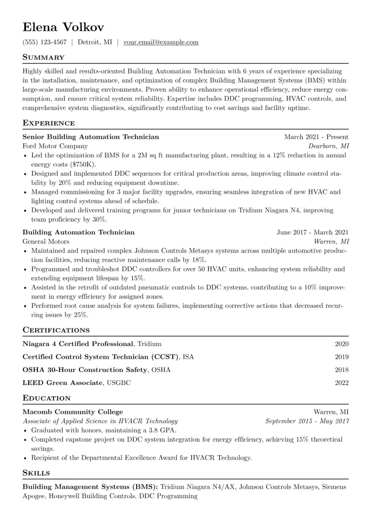 Building Automation Technician Resume Example CV template preview
