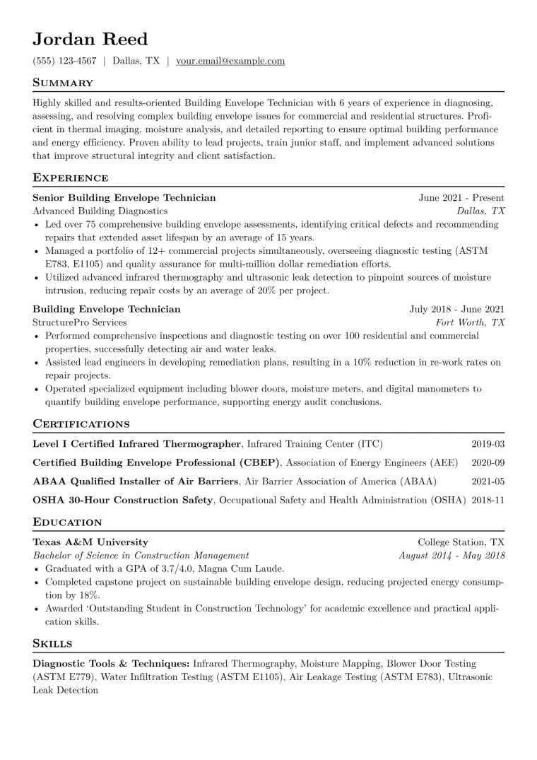 Building Envelope Technician Resume Example CV template preview