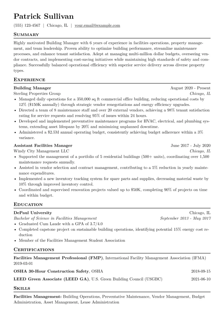 Building Manager Resume Example CV template preview