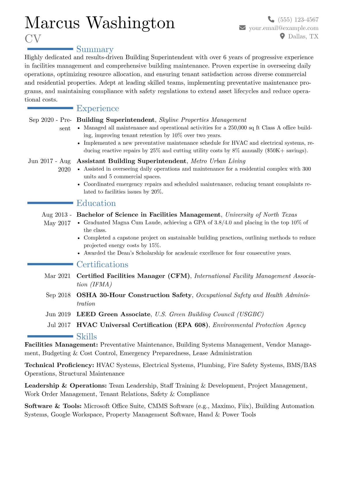 Building Superintendent Resume Example CV template - Page 1