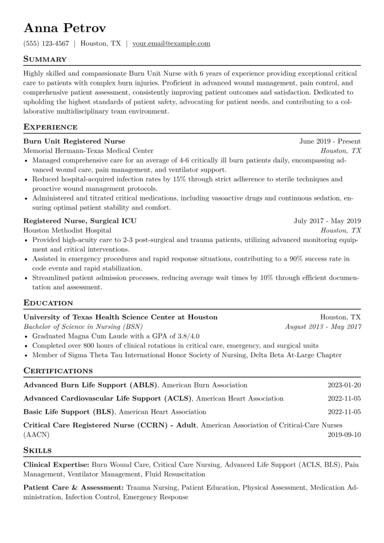 Burn Unit Nurse Resume Example CV template preview