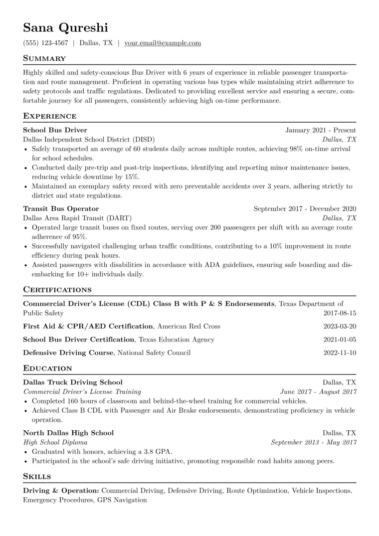 Bus Driver Resume Example
