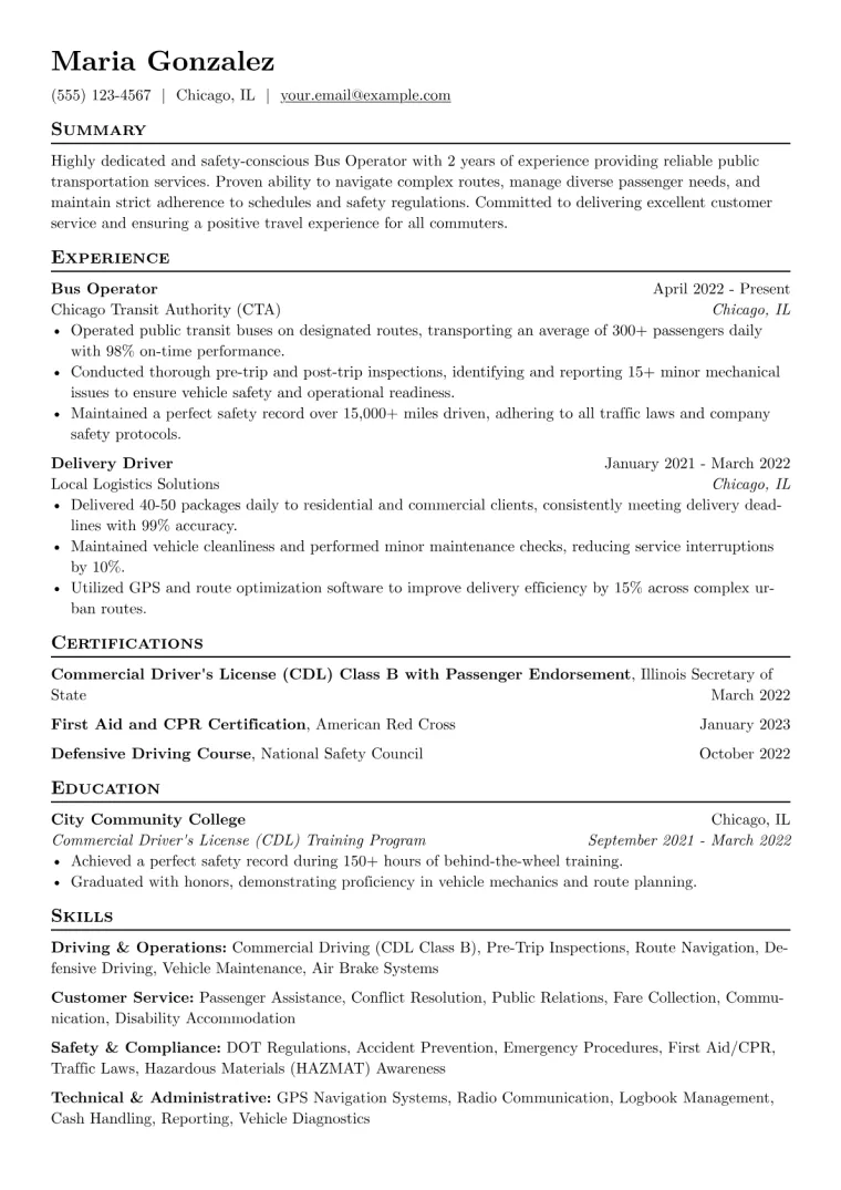 Bus Operator Resume Example CV template preview