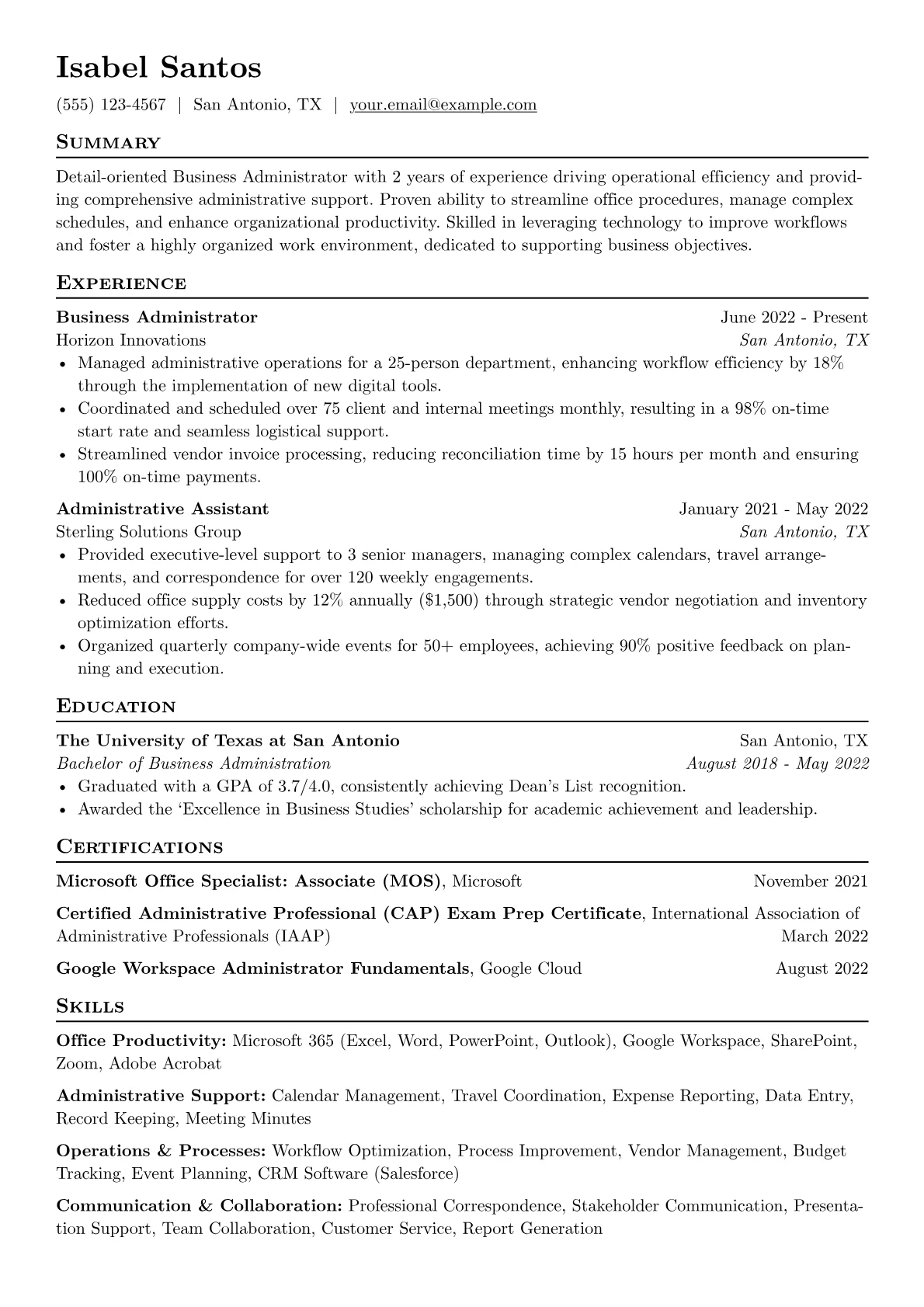 Business Administrator Resume Example CV template - Page 1