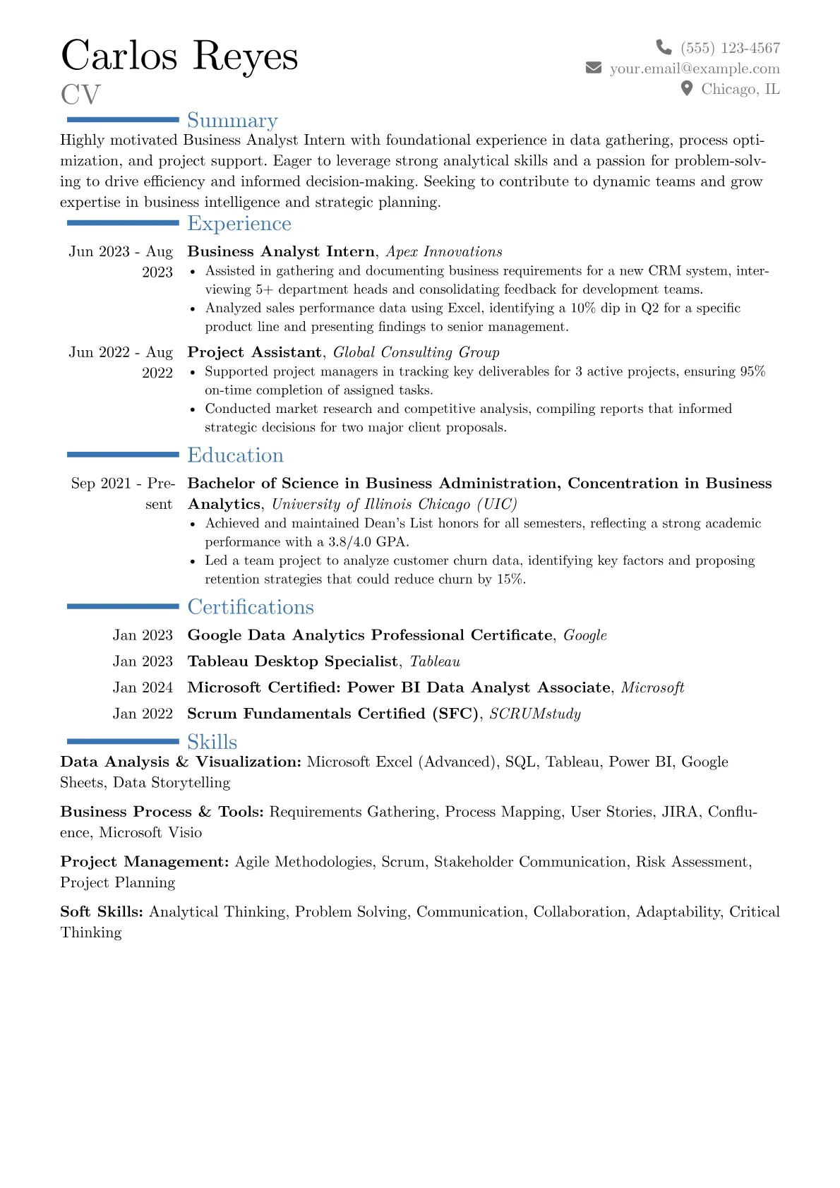 Business Analyst Intern Resume Example CV template - Page 1