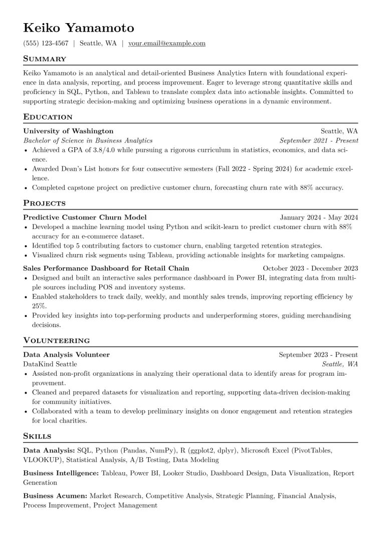 Business Analytics Intern Resume Example CV template preview
