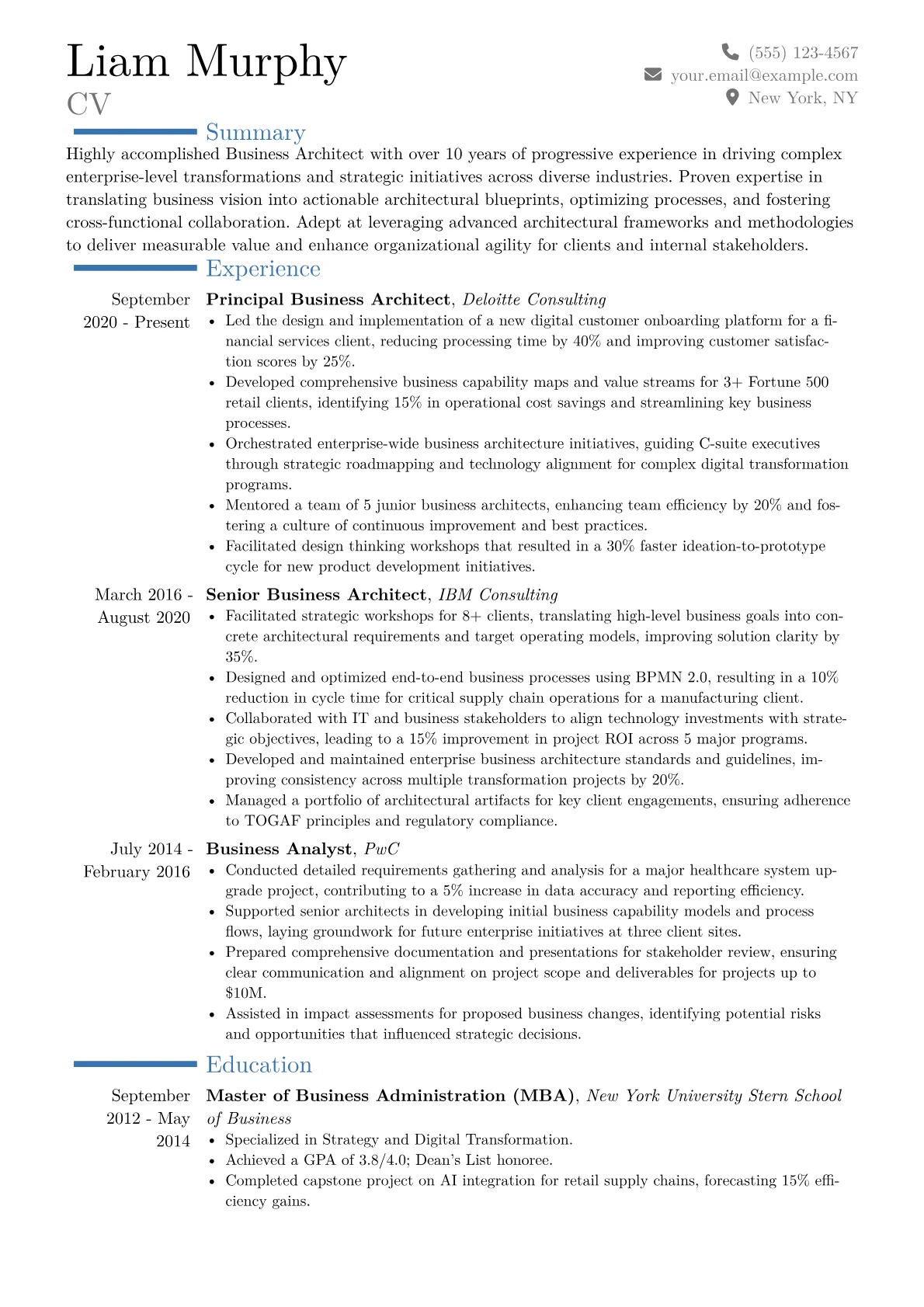 Business Architect Resume Example CV template - Page 1