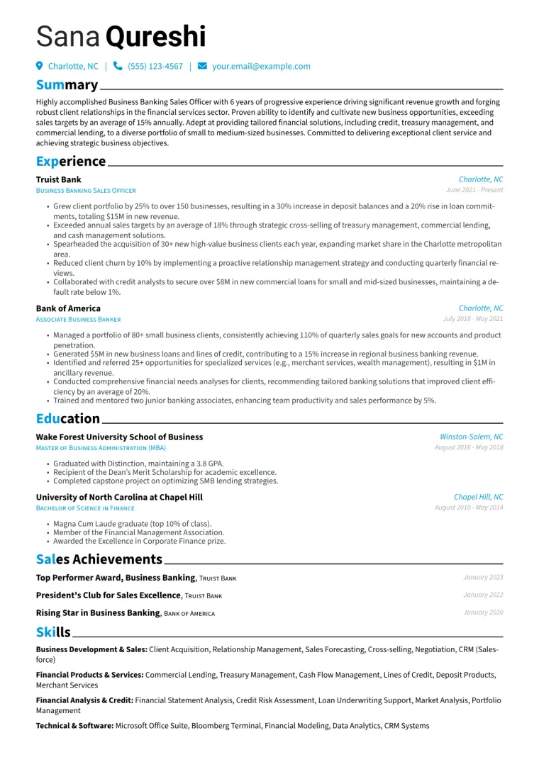 Business Banking Sales Officer Resume Example CV template preview