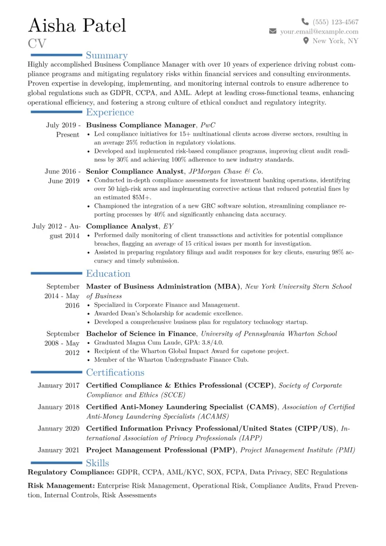 Business Compliance Manager Resume Example CV template preview