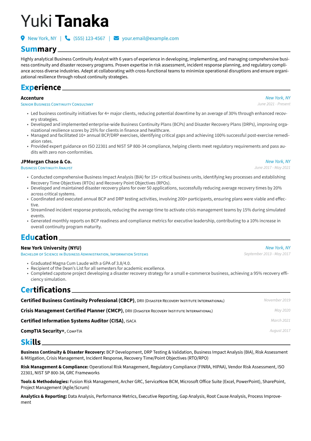Business Continuity Analyst Resume Example CV template - Page 1
