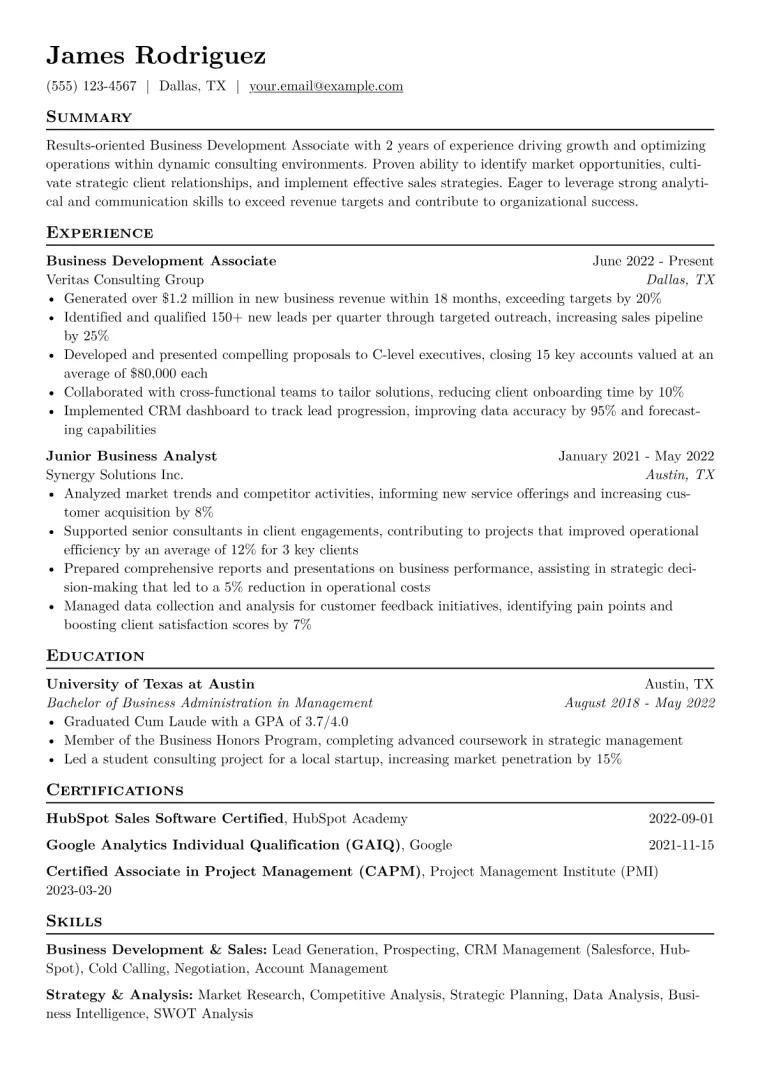 Business Development Associate Resume Example CV template preview