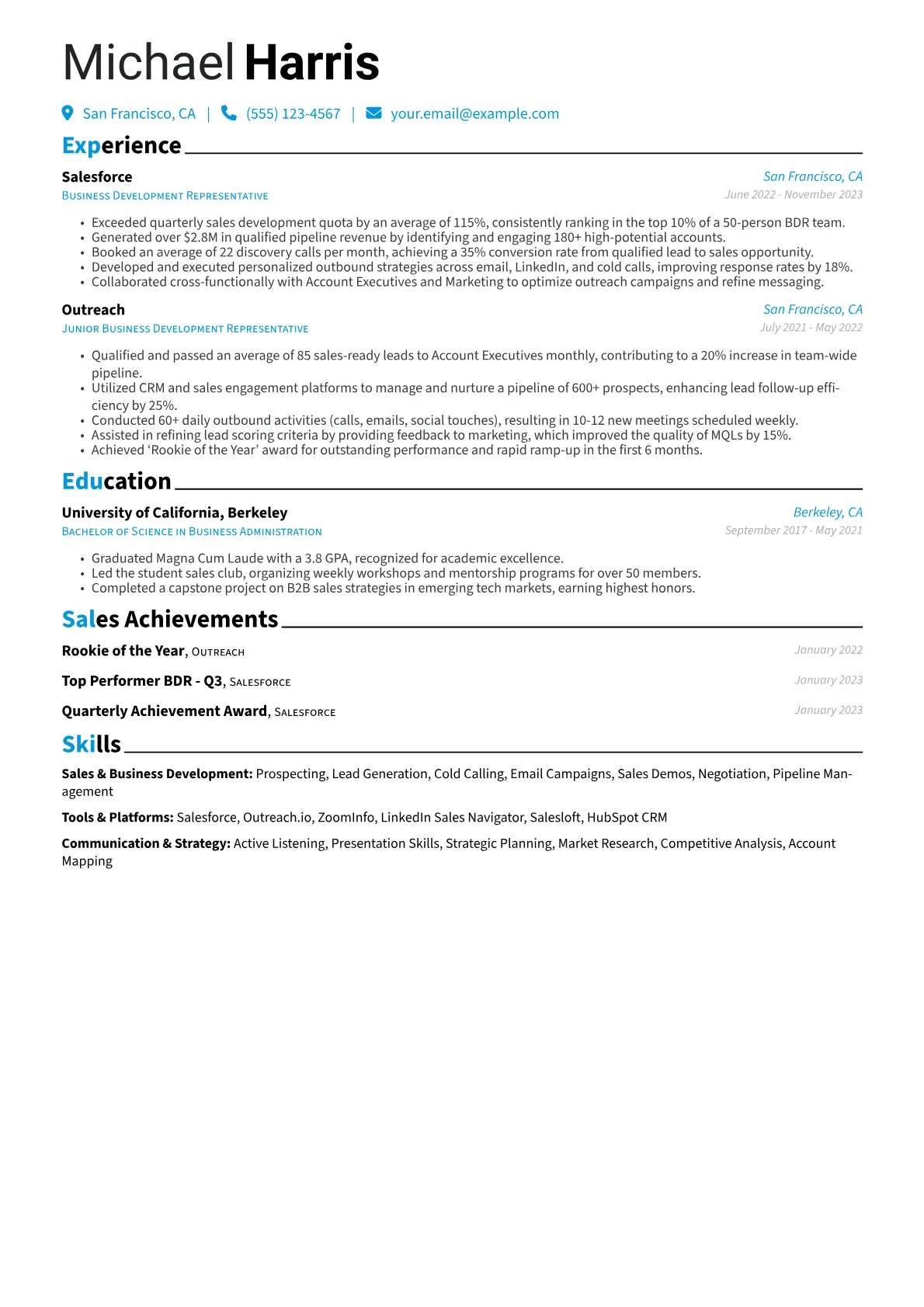 Business Development Representative Resume Example CV template - Page 1