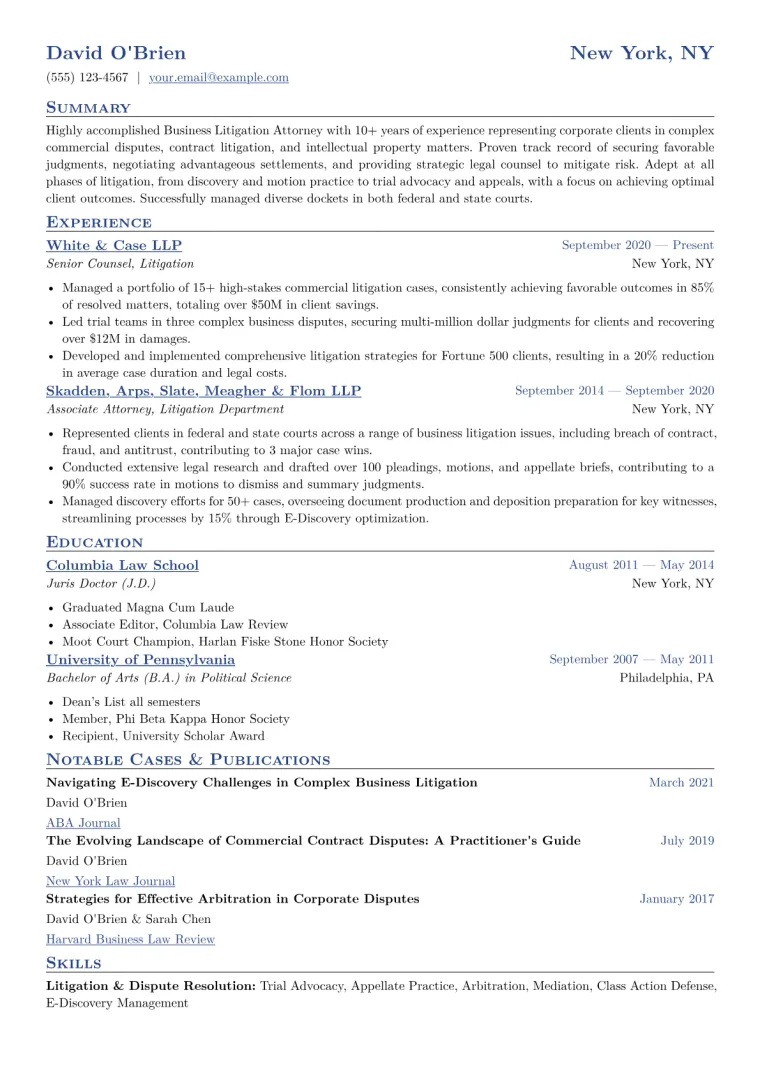Business Litigation Attorney Resume Example CV template preview