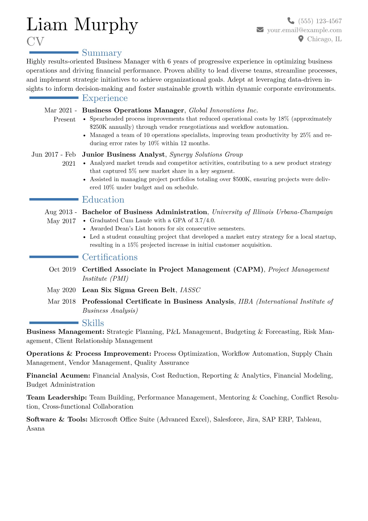 Business Manager Resume Example CV template - Page 1